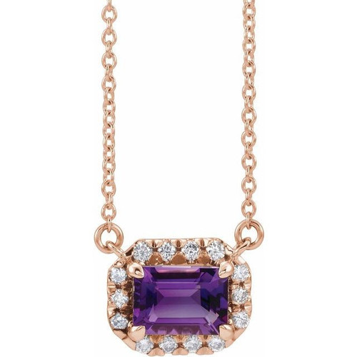 Amethyst Necklace in 14 Karat Rose Gold 5x3 mm Emerald Amethyst and 0.12 Carat Diamond 18 inch Necklace