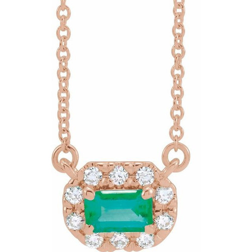 Emerald Necklace in 14 Karat Rose Gold 5x3 mm Emerald Emerald and 0.12 Carat Diamond 18 inch Necklace