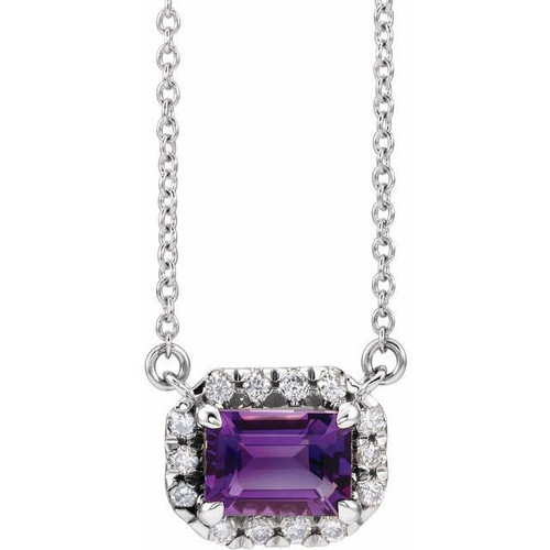 Amethyst Necklace in Platinum 5x3 mm Emerald Amethyst and 0.12 Carat Diamond 16 inch Necklace