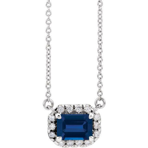 Sapphire Necklace in Platinum 5x3 mm Emerald Sapphire and 0.12 Carat Diamond 16 inch Necklace