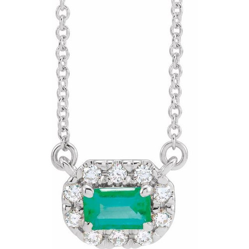 Emerald Necklace in Sterling Silver 5x3 mm Emerald Emerald and 0.12 Carat Diamond 18 inch Necklace