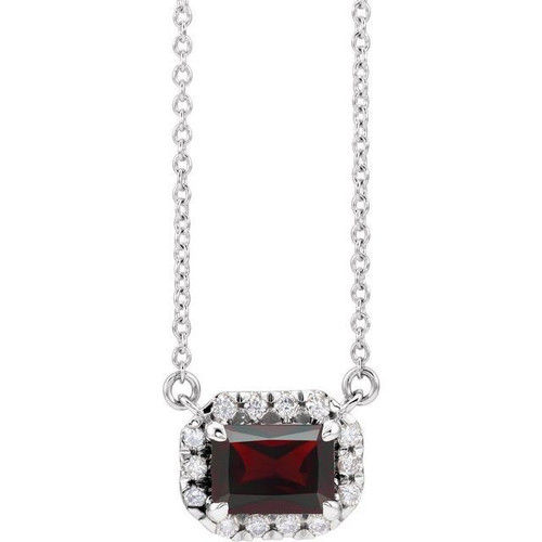 Red Garnet Necklace in 14 Karat White Gold 6x4 mm Emerald Mozambique Garnet and 0.20 Carat Diamond 18 inch Necklace