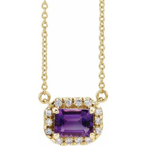 Amethyst Necklace in 14 Karat Yellow Gold 6x4 mm Emerald Amethyst and 0.20 Carat Diamond 16 inch Necklace