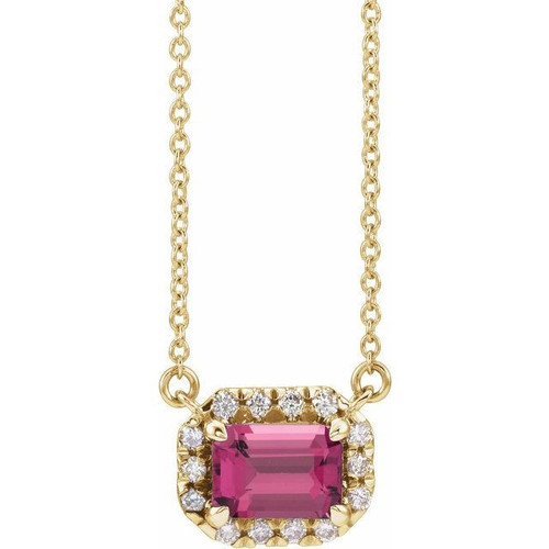 Pink Tourmaline Necklace in 14 Karat Yellow Gold 6x4 mm Emerald Pink Tourmaline and 0.20 Carat Diamond 16 inch Necklace