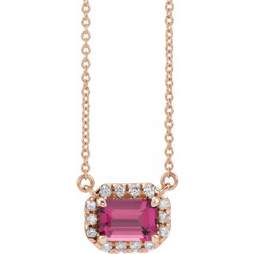 Pink Tourmaline Necklace in 14 Karat Rose Gold 6x4 mm Emerald Pink Tourmaline and 0.20 Carat Diamond 16 inch Necklace