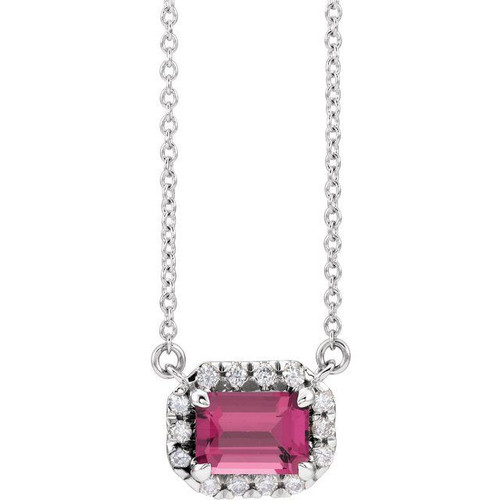 Pink Tourmaline Necklace in Platinum 6x4 mm Emerald Pink Tourmaline and 0.20 Carat Diamond 16 inch Necklace