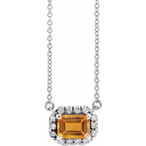 Golden Citrine Necklace in Platinum 6x4 mm Emerald Citrine and 0.20 Carat Diamond 18 inch Necklace