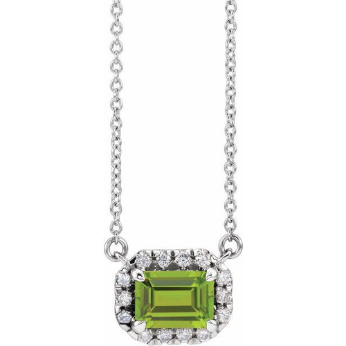 Genuine Peridot Necklace in 14 Karat White Gold 7x5 mm Emerald Peridot and 0.20 Carat Diamond 18 inch Necklace