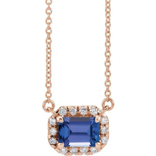 Tanzanite Necklace in 14 Karat Rose Gold 7x5 mm Emerald Tanzanite and 0.20 Carat Diamond 18 inch Necklace