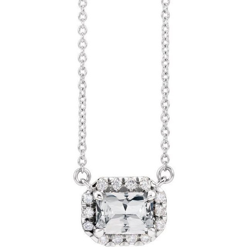 Sapphire Necklace in Platinum 7x5 mm Emerald White Sapphire and 0.20 Carat Diamond 16 inch Necklace
