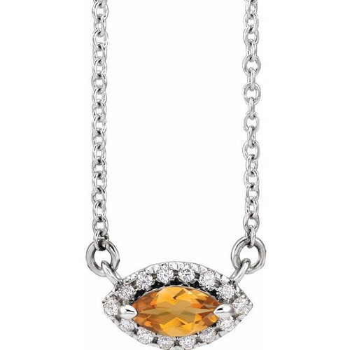 Golden Citrine Necklace in 14 Karat White Gold Citrine and .05 Carat Diamond Halo Style 18 inch Necklace