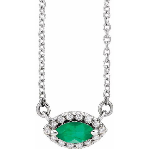 Emerald Necklace in 14 Karat White Gold Emerald and .05 Carat Diamond Halo Style 18 inch Necklace