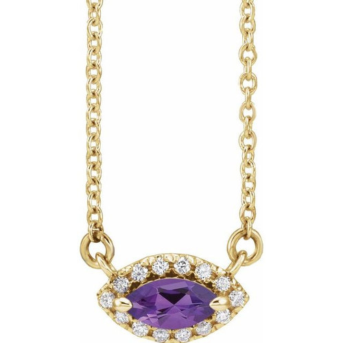 Amethyst Necklace in 14 Karat Yellow Gold Amethyst and .05 Carat Diamond Halo Style 16 inch Necklace