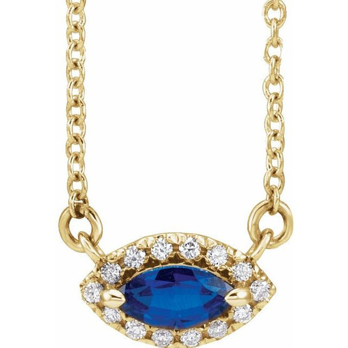 Sapphire Necklace in 14 Karat Yellow Gold Sapphire and .05 Carat Diamond Halo Style 16 inch Necklace