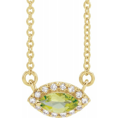 Genuine Peridot Necklace in 14 Karat Yellow Gold Peridot and .05 Carat Diamond Halo Style 16 inch Necklace