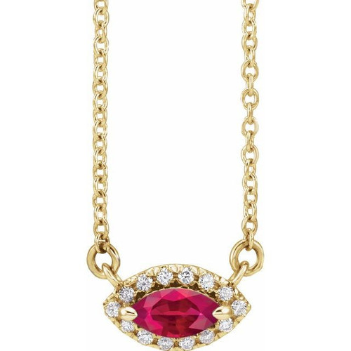 Ruby Necklace in 14 Karat Yellow Gold Ruby and .05 Carat Diamond Halo Style 16 inch Necklace