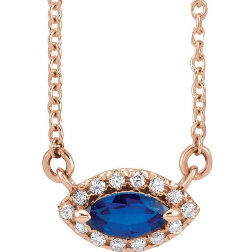 Sapphire Necklace in 14 Karat Rose Gold Sapphire and .05 Carat Diamond Halo Style 16 inch Necklace