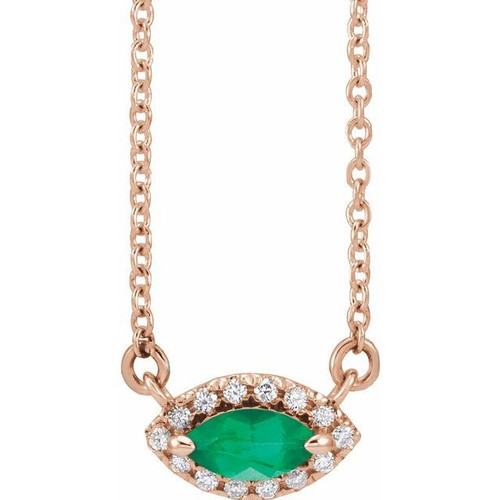 Emerald Necklace in 14 Karat Rose Gold Emerald and .05 Carat Diamond Halo Style 16 inch Necklace