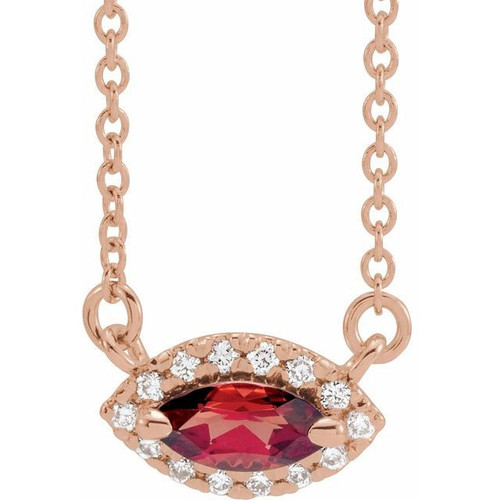 Red Garnet Necklace in 14 Karat Rose Gold Mozambique Garnet and .05 Carat Diamond Halo Style 16 inch Necklace