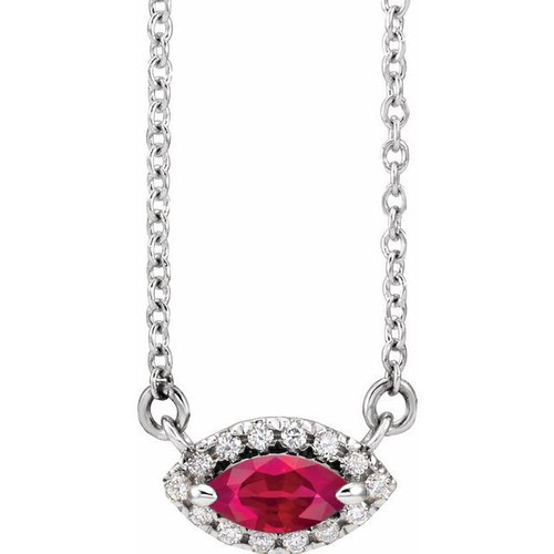 Ruby Necklace in Platinum Ruby and .05 Carat Diamond Halo Style 16 inch Necklace