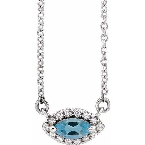 Platinum Aquamarine Gem and .05 Carat Diamond Halo Style 18 inch Necklace