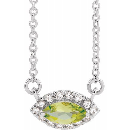 Genuine Peridot Necklace in Platinum Peridot and .05 Carat Diamond Halo Style 18 inch Necklace