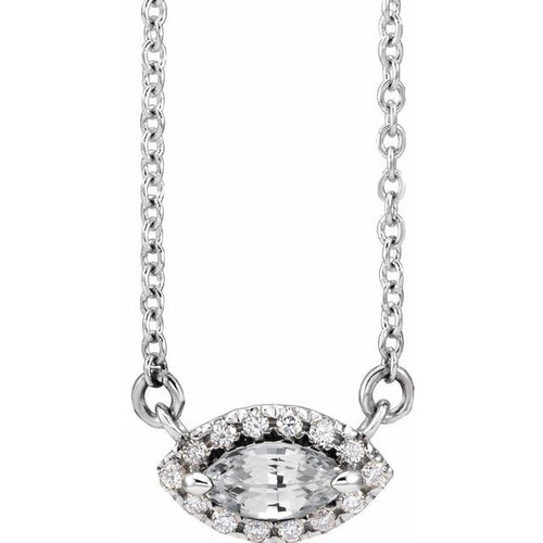 Sapphire Necklace in Platinum White Sapphire and .05 Carat Diamond Halo Style 18 inch Necklace