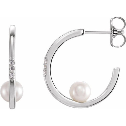 Genuine Platinum Freshwater Cultured Pearl and .025 Carat Diamond Hoop Earrings