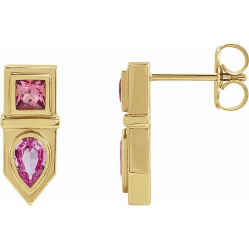 14 Karat Yellow Gold Pink Multi Gemstone Geometric Bar Drop Earrings