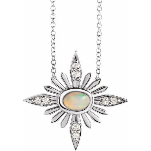 Real Opal Necklace in Platinum Ethiopian Opal and .08 Carat Diamond Celestial 16 inch Necklace