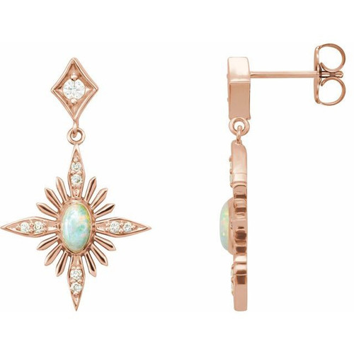 Fire Opal Earrings in 14 Karat Rose Gold Australian Opal and 0.16 Carat Diamond Celestial Earrings
