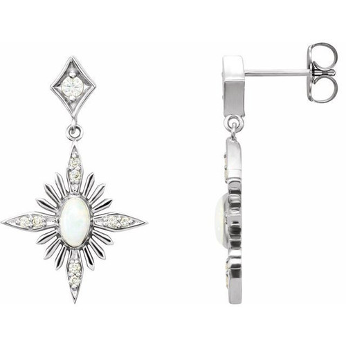 Genuine Opal Earrings in Platinum Australian Opal and 0.16 Carat Diamond Celestial Earrings
