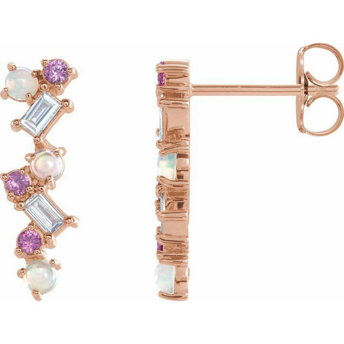 14 Karat Rose Gold Ethiopian Opal, Pink Blue Sapphire and 0.10 Carat Diamond Scattered Bar Earrings