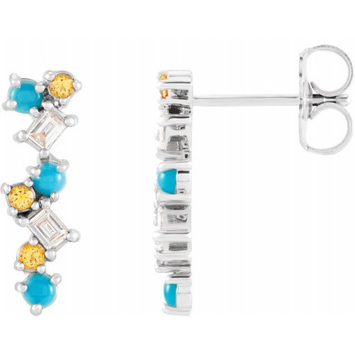 Sterling Silver Turquoise, Honey Topaz and 0.10 Carat Diamond Scattered Bar Earrings