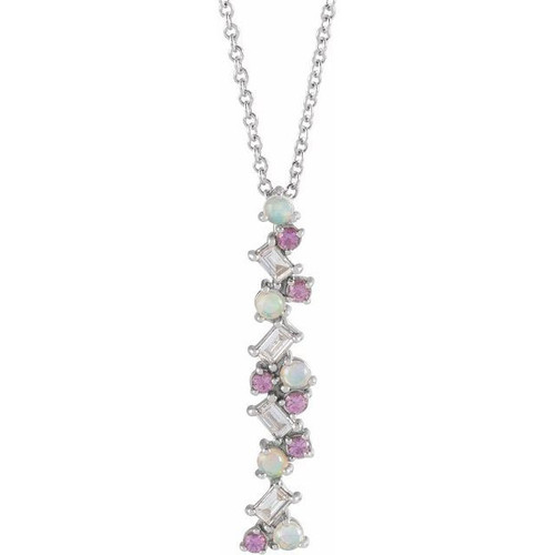Multi-Gemstone Necklace in 14 Karat White Gold Ethiopian Opals, Pink Sapphires and 0.12 Carat Diamond Scattered Bar 16 inch Necklace