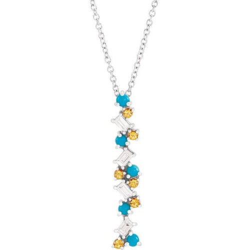 Multi-Gemstone Necklace in Sterling Silver Honey Passion Topaz, Turquoise and 0.12 Carat Diamond Scattered Bar 16 inch Necklace