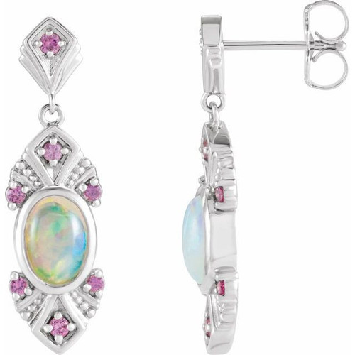 Genuine Opal Earrings in Sterling Silver Ethiopian Opal and Pink Blue Sapphire Vintage Inspired Earrings