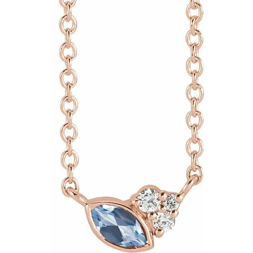 14 Karat Rose Gold Aquamarine Gem and .03 Carat Diamond 18 inch Necklace