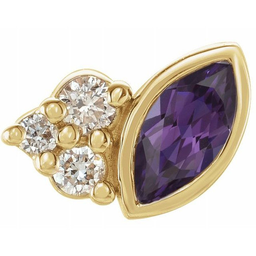 14 Karat Yellow Gold Grown Alexandrite and .03 Carat Diamond Right Earring