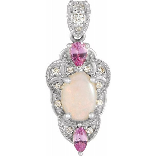 Real Platinum Opal, Pink Sapphire and 0.10 Carat Diamond Vintage Inspired Pendant