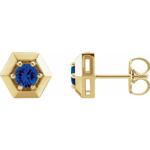 14 Karat Yellow Gold Genuine Blue Sapphire Geometric Earrings