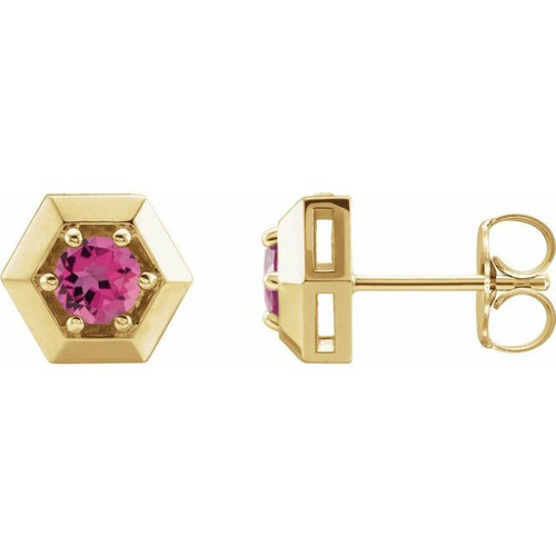 14 Karat Yellow Gold Pink Tourmaline Geometric Earrings