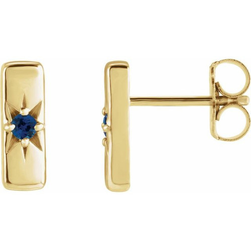 14 Karat Yellow Gold Genuine Blue Sapphire Starburst Bar Earrings