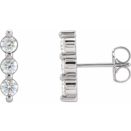 14 Karat White Gold 0.60 Carat Diamond Three Stone Bar Earrings