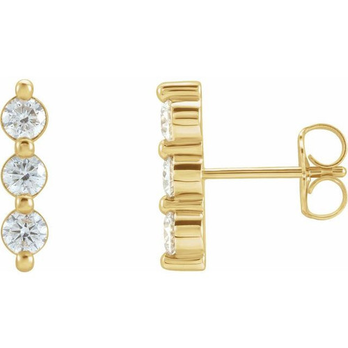 14 Karat Yellow Gold 0.60 Carat Diamond Three Stone Bar Earrings