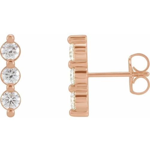 14 Karat Rose Gold 0.60 Carat Diamond Three Stone Bar Earrings