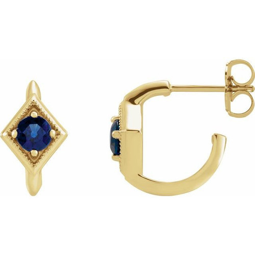 14 Karat Yellow Gold Genuine Blue Sapphire Geometric Hoop Earrings