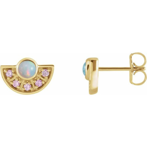 Fire Opal Earrings in 14 Karat Yellow Gold Ethiopian Opal and Pink Blue Sapphire Fan Earrings