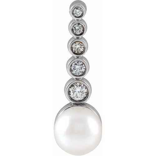 Real Akoya Pearl Pendant in Sterling Silver Cultured Akoya Pearl and 0.12 Carat Diamond Bar Pendant