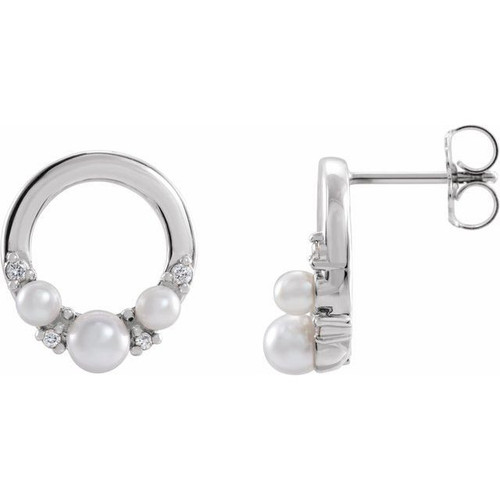 Genuine Seed Pearl Earrings in Sterling Silver Cultured Seed Pearl and .06 Carat Diamond Circle Earrings